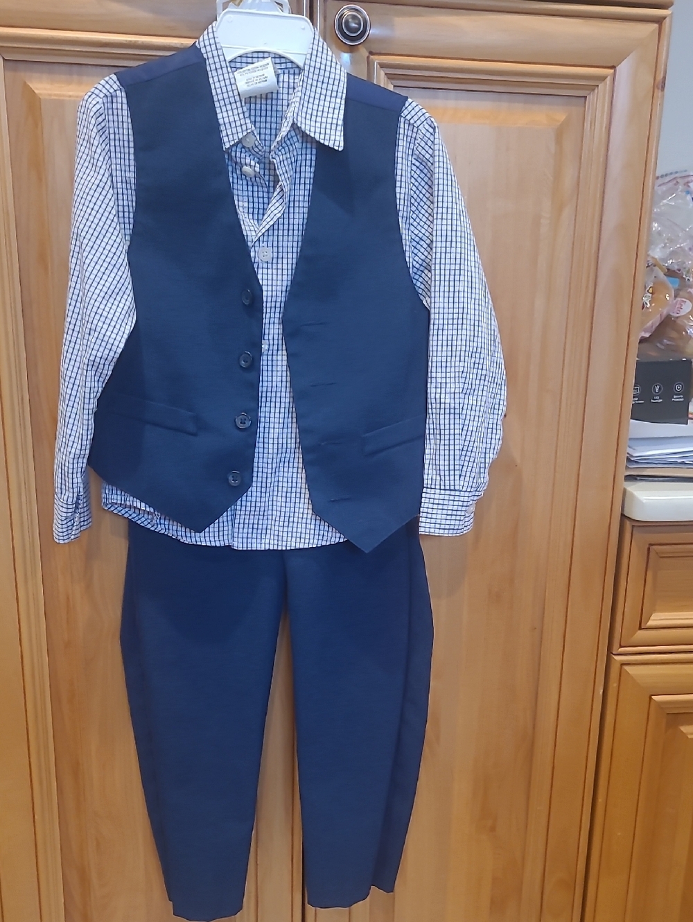 Boys Van Heusen Navy Three-Piece Suit Set with Checked Shirt